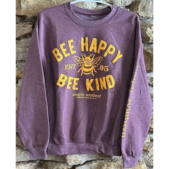 Women's Simply Southern Bee Happy Bee Kind Purple Long Sleeve Crew Neck Sweatshi - Picture 1 of 5